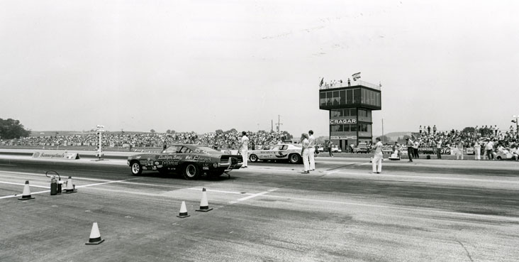 Cars on the track at the first Summernationals in York, Pa.