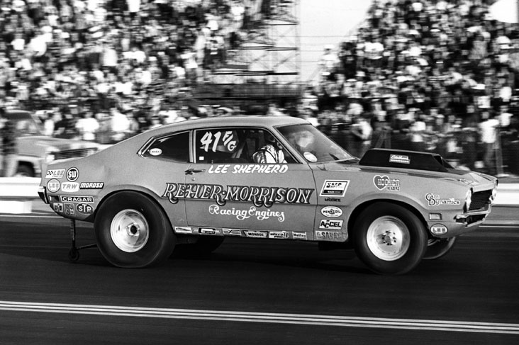 Lee Shepherd's F/Gas Maverick racing at the 1974 Winternationals