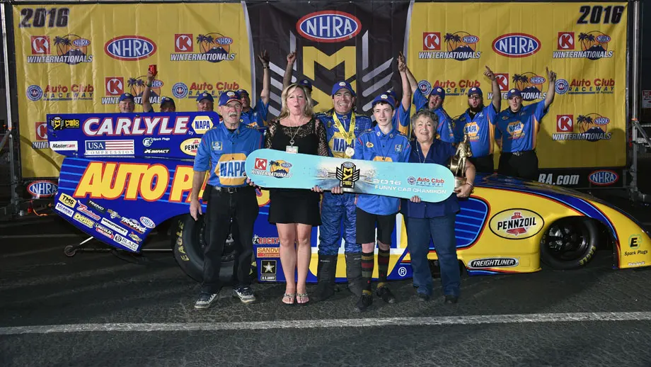 Ron Capps in winner's circle 2016 Winternationals