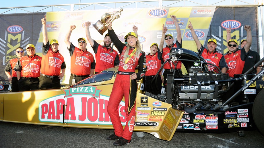 Leah Pritchett with her team in the Winternationals winner's circle