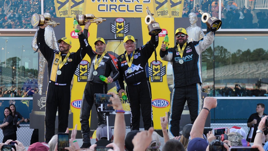 Event winners Shane Gray, Eddie Krawiec, John Force, and Tony Schumacher