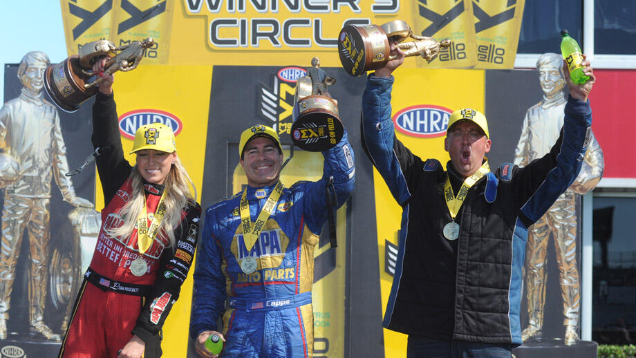 NHRA SpringNationals winners Leah Pritchett, Ron Capps, and Bo Butner