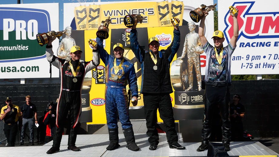 Lucas Oil NHRA Southern Nationals winners, from left, Steve Torrence, Ron Capps, Bo Butner, and LE Tonglet