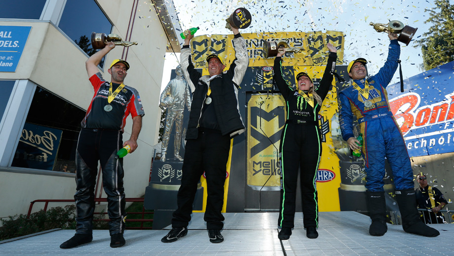 Event champions Eddie Krawiec, Bo Butner, Brittany Force, and Ron Capps