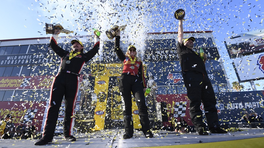 The NHRA Arizona Nationals winners, from left: Steve Torrence, Courtney Force, Chris McGaha.