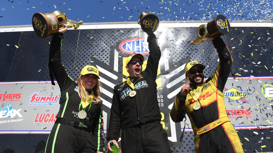 Event winners Brittany Force, Matt Hartford, and J.R. Todd celebrate their big wins