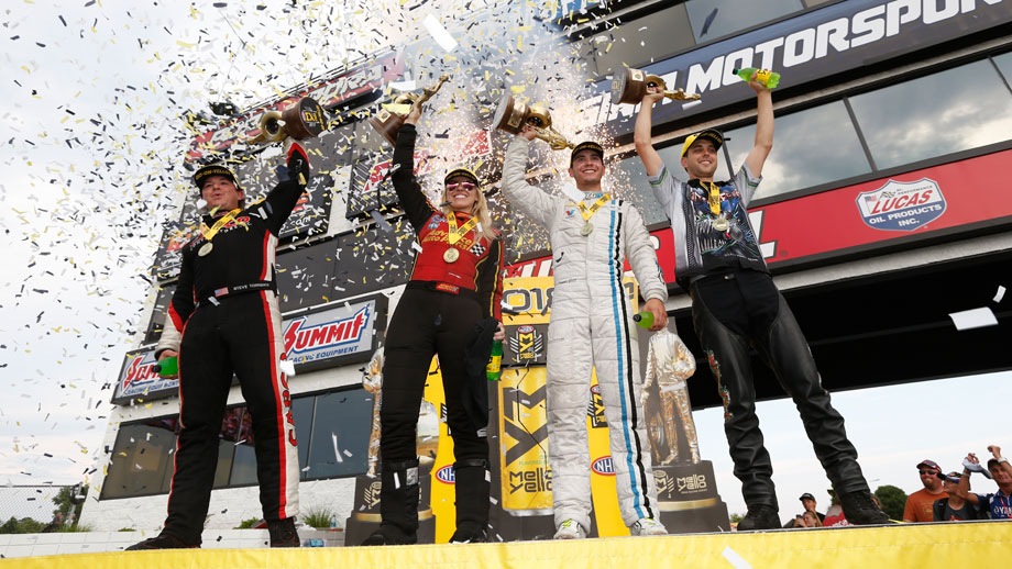 The event champs, from left, Steve Torrence, Courtney Fore, Tanner Gray, and L.E. Tonglet