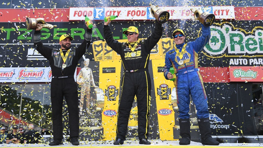 Event winners, from left, Tony Schumacher, Jeg Coughlin Jr., and Ron Capps