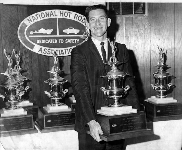 Collett earned his "Collecting" nickname from Ed Iskenderian. Here he proudly holds the 1967 Top Gas World Championship trophy,