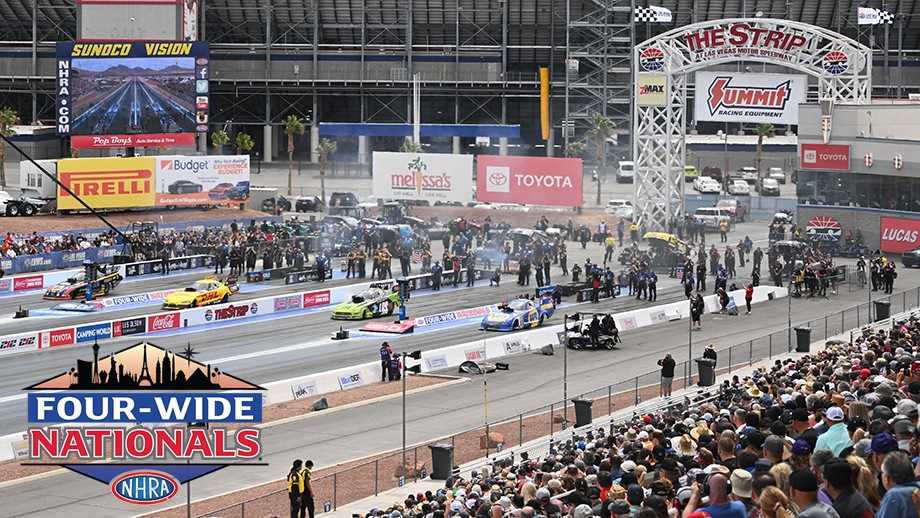 Four Funny Cars lining up to make a run at The Strip at Las Vegas Motor Speedway