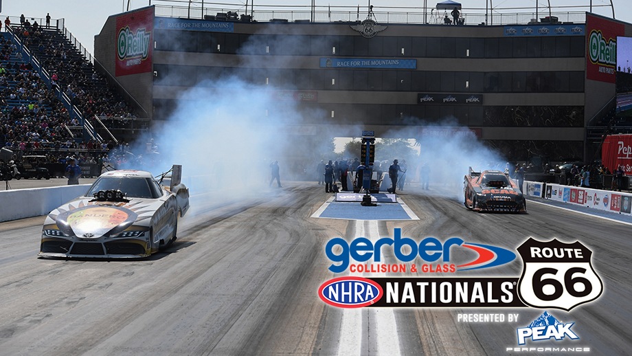 Funny Cars on the starting line at Route 66 Raceway