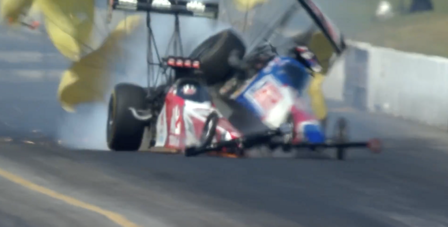 Doug Kalitta and Tony Stewart collide with their Top Fuel dragsters at Reading