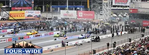 Four Funny Cars lining up to make a run at The Strip at Las Vegas Motor Speedway