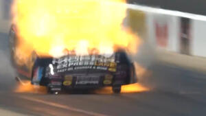 Matt Hagan blows the body off his Funny Car at the 2018 NGK Spark Plugs NHRA Four-Wide Nationals in Charlotte