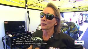 Karen Stoffer test pilot&#039;s two-valve Suzuki bike